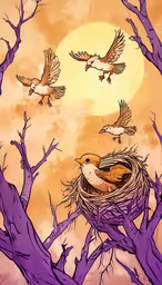 three birds perched on top of a tree filled with purple branches