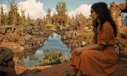 a woman in an orange dress sitting next to trees