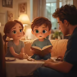 two adults and one child sitting in a living room