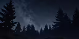 a black night on the dark forest, with a lone deer
