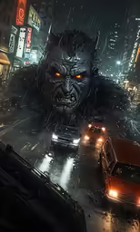 a street scene with cars driving by and an evil creature