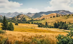 there are several mountains in the distance on this field
