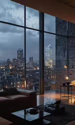 large window view of skyline with modern office and lounge room furniture