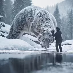a woman petting a big snow animal on a river bank