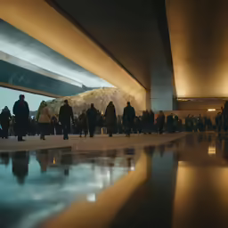 people in line under a highway bridge and some water