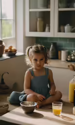 a little girl sitting on a kitchen counter with bowls of food and juice