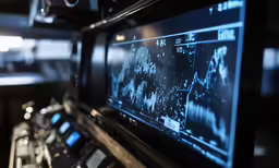 a monitor in a building that is lit up