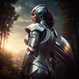 a woman in armor looking away into the distance