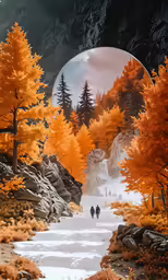 two people walking down a small path through an orange forest
