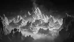 a mountain range with clouds and fog