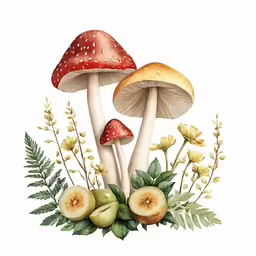 a painting of three mushrooms in a flowery garden