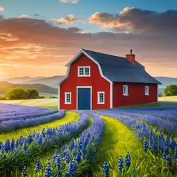a red barn is shown with lavenders in front