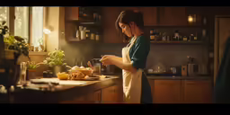 woman cooking in a dark kitchen, while she cooks