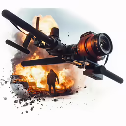 a man standing next to a large fire and a camera