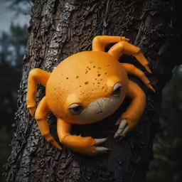 a close - up of the face and claws of a stuffed crab on a tree