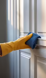 glove attached to a door handle holding on to the outside of a window