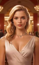 a woman is standing in front of a crowd wearing an elegant dress