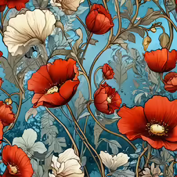 colorful red, white and blue flowers are on a blue background