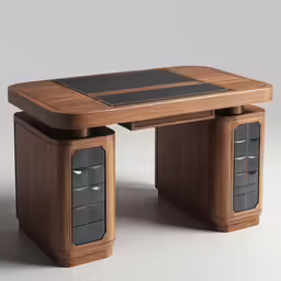 an unique wooden desk is adorned with black and tan accents