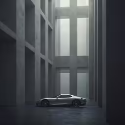 a car parked in an empty, monochrome room with large walls