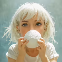 a young blond woman is holding an object to her face