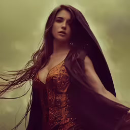 a beautiful woman wearing a dark costume and holding a sword