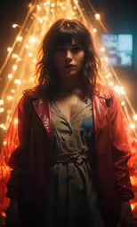 a girl in red jacket standing near a large curtain of lights