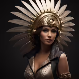 a woman with a head costume made up of feathers and armor