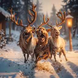 three reindeer running through the snow with the lights on