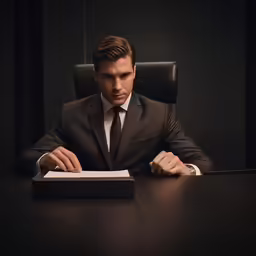 a man in suit and tie writing on a note pad