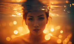 a female is shown under the water at sunset