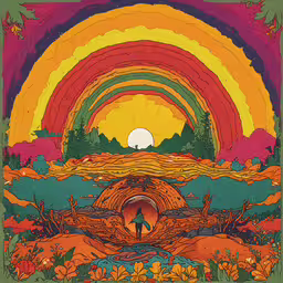 an image of a psychedelic landscape in yellow, green and orange,a poster with the image of a person in the middle of a field