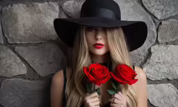 a girl with long hair and a black hat is holding two roses