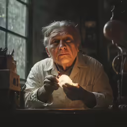 an elderly man holding something in his hand in the dark