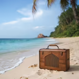 an old fashioned suitcase sits on the beach