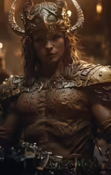an evil looking woman with horns, head dress and makeup