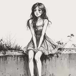a girl in a dress sitting on a wall