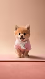 small dog in a pink sweater sitting on a pink surface