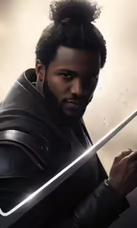 a man with a sword is standing in front of a backdrop