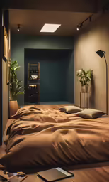 a dark room with one side facing the mirror and one side facing the bed