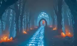 a long dark path is lit by many candles in the woods