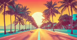 the road is lined with trees that are silhouetted against a sun