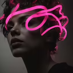 a woman is looking into the distance with neon pink hair