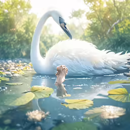 the swan is floating in the water next to leaves
