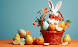 a rabbit sitting inside of a basket with fruits next to it