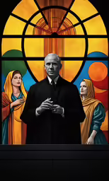 the face of a priest surrounded by four people