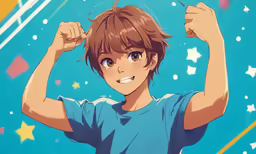 young boy raises his arm in the air, wearing a blue shirt