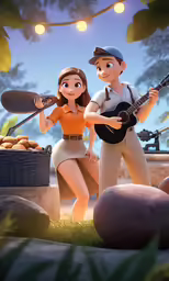 a man and woman holding a guitar and kayak are posing for the camera