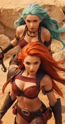 two beautiful woman in warrior costumes posing on a desert