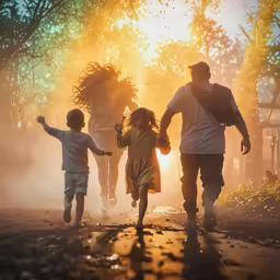 a family running on a path with the sun setting